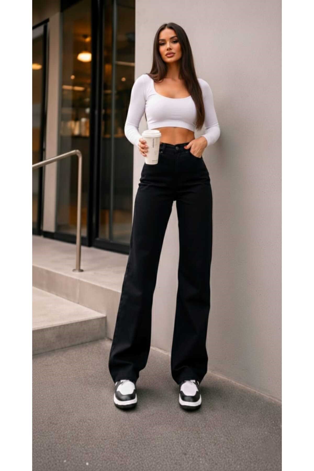 Tessa Gold Ikon 90's Siyah Likralı Süper Extra Yüksek Bel Palazzo Salaş Jean Pantolon