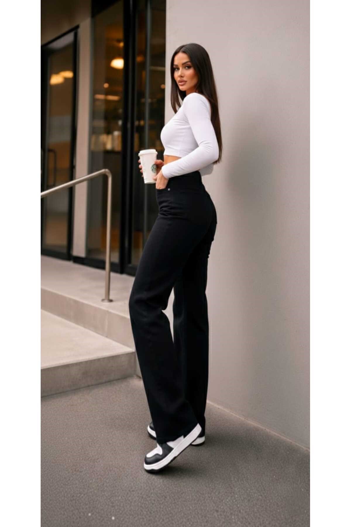 Tessa Gold Ikon 90's Siyah Likralı Süper Extra Yüksek Bel Palazzo Salaş Jean Pantolon