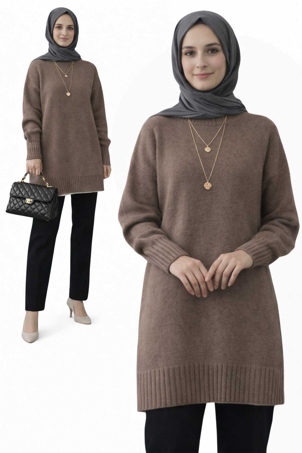 Vizon Bisiklet Yaka Oversize Triko Tunik