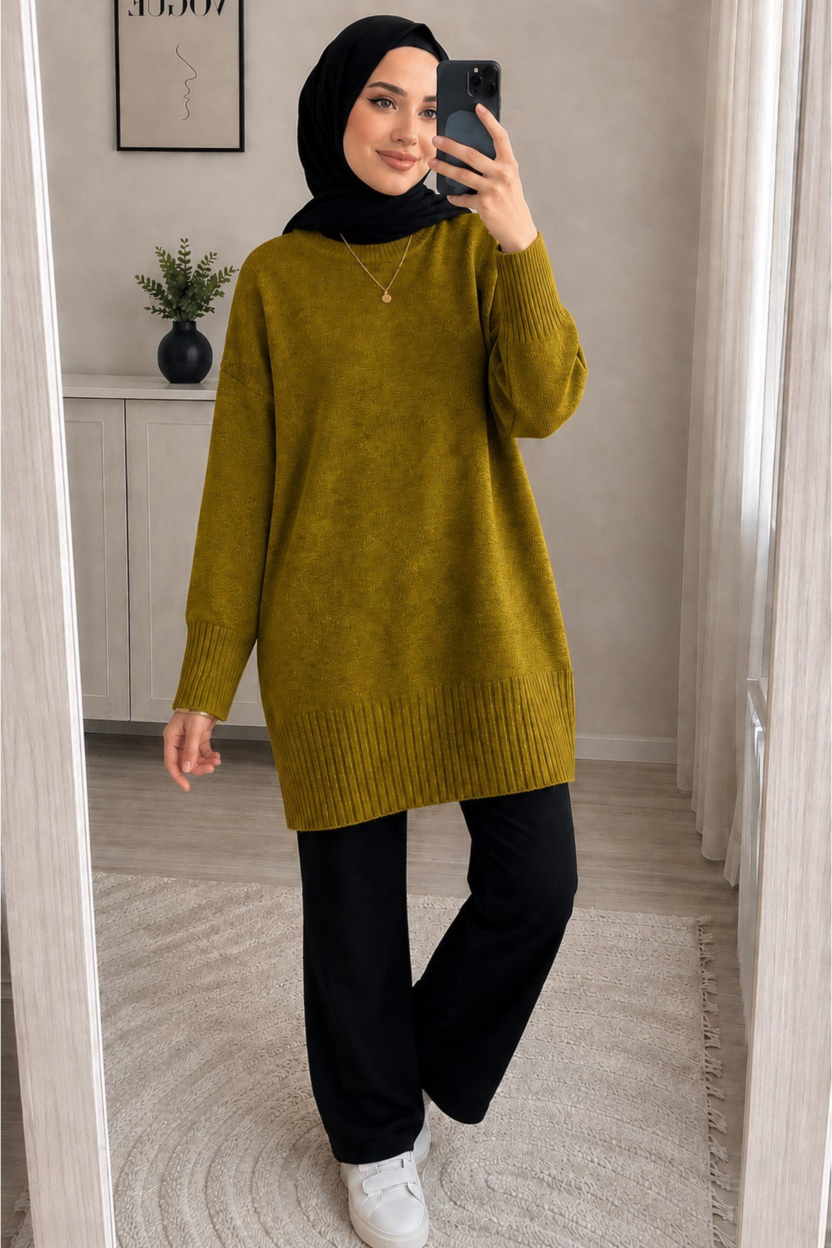 Yağ Yeşili Bisiklet Yaka Oversize Kadın Triko Kazak Tunik