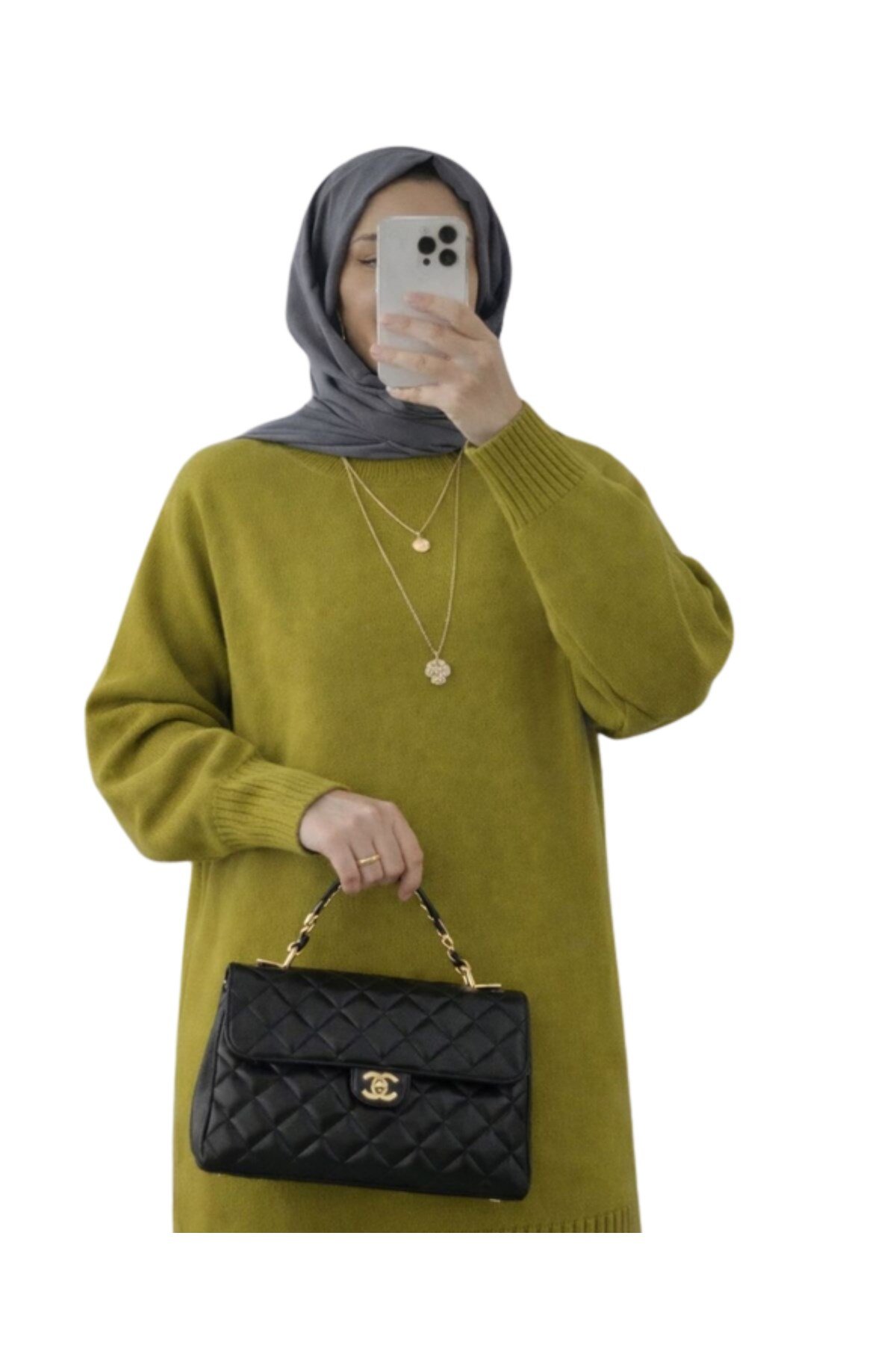 Yağ Yeşili Bisiklet Yaka Oversize Kadın Triko Kazak Tunik