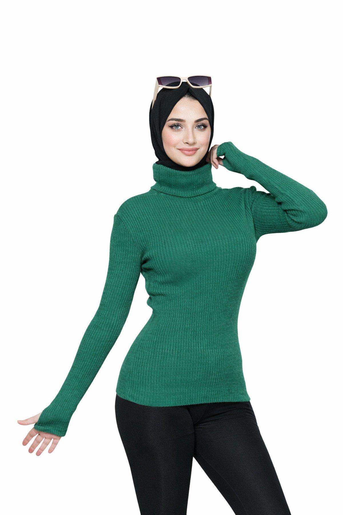 Yeşil Balıkçı Yaka Parmak Detaylı Premium Kurtarıcı Body Kazak