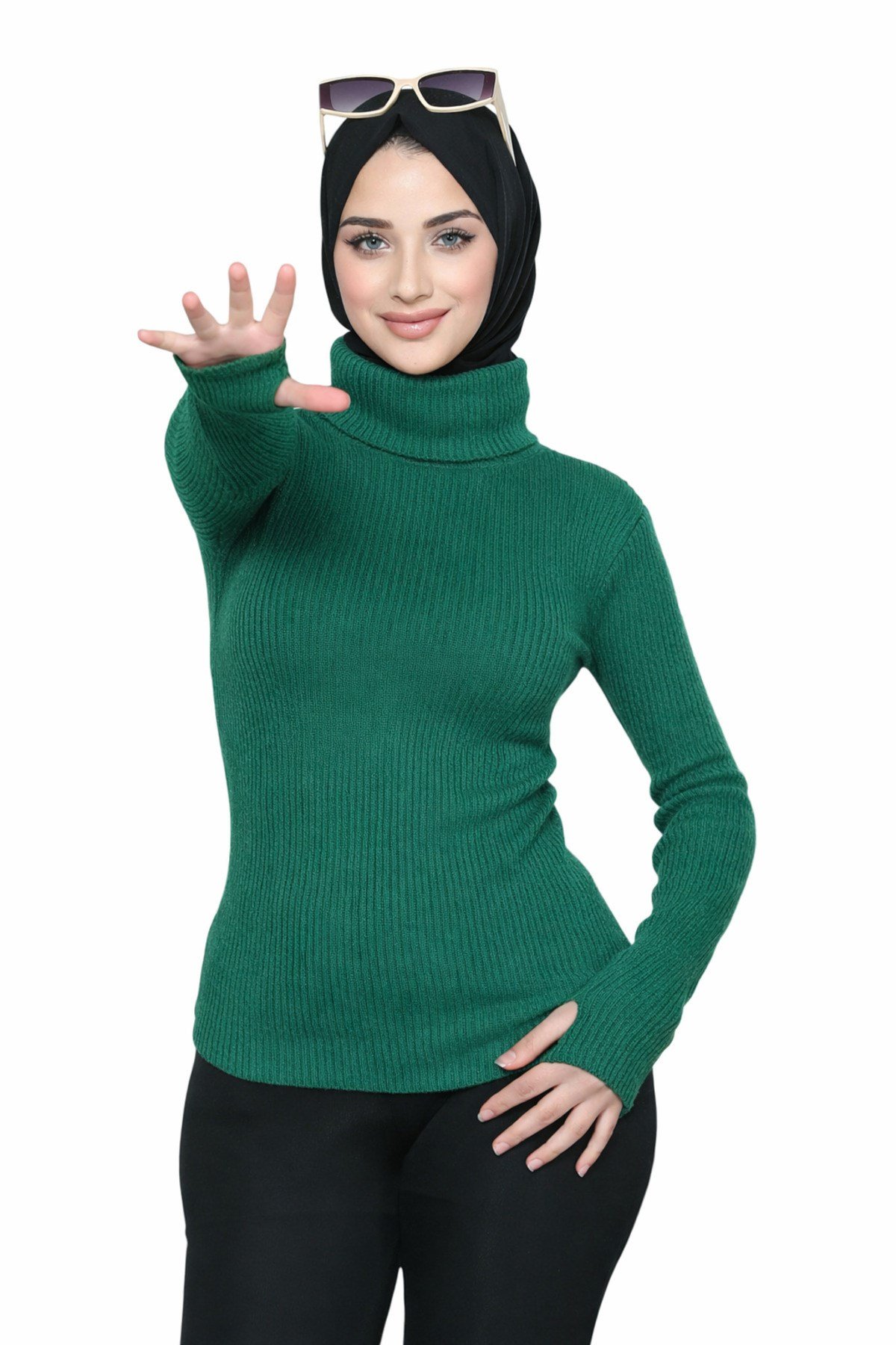 Yeşil Balıkçı Yaka Parmak Detaylı Premium Kurtarıcı Body Kazak