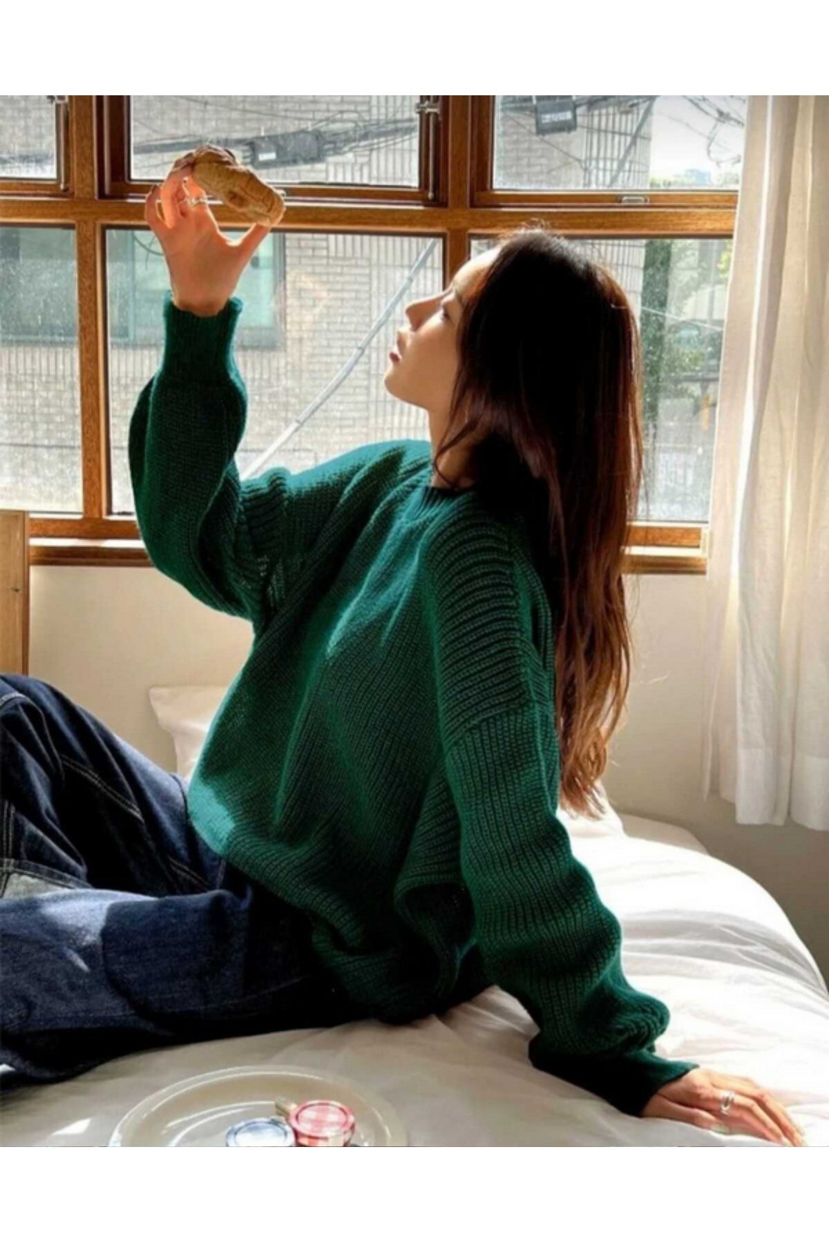 Yeşil Bisiklet Yaka Oversize Kadın Triko Kazak
