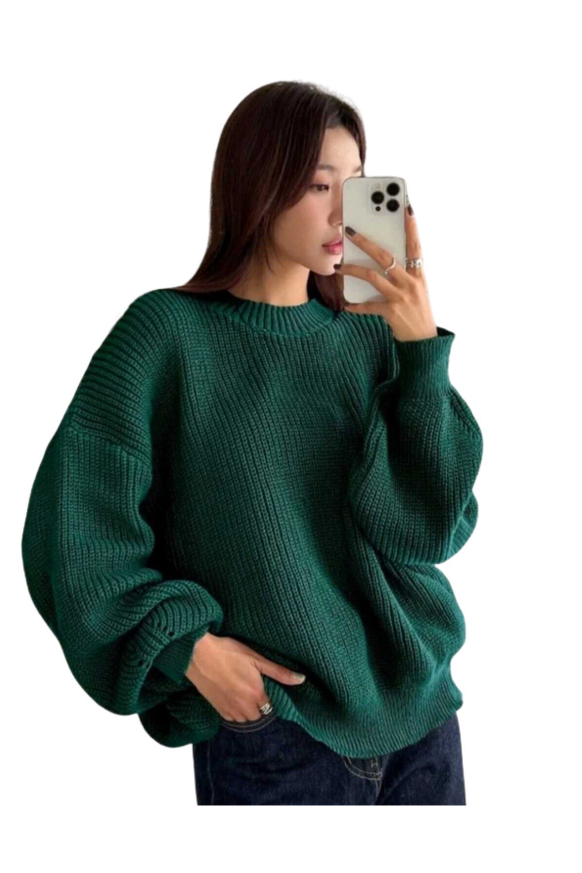 Yeşil Bisiklet Yaka Oversize Kadın Triko Kazak