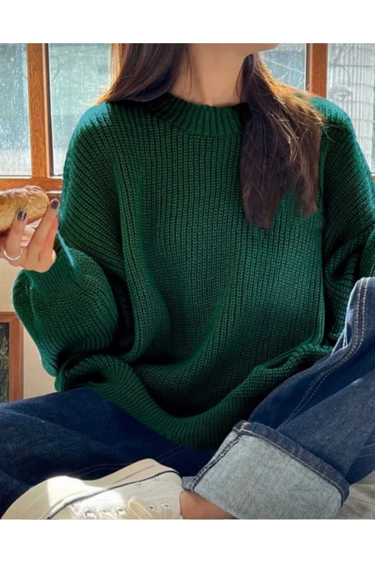 Yeşil Bisiklet Yaka Oversize Kadın Triko Kazak