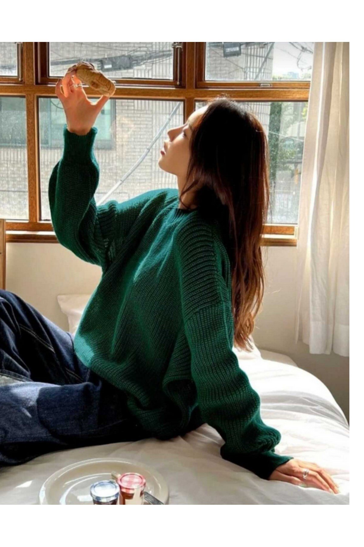 Yeşil Bisiklet Yaka Oversize Kadın Triko Kazak