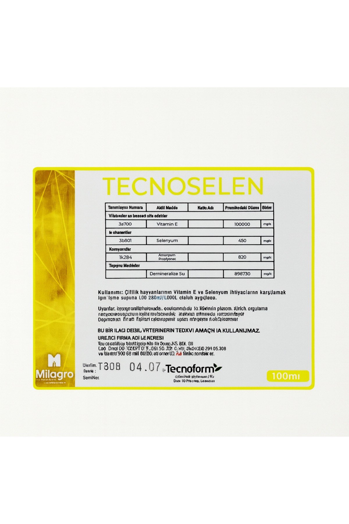 Tecnoselen 100 ml - Vitamin E & Selenyum Destekli YEM KATKI (Milagro by Metaş)