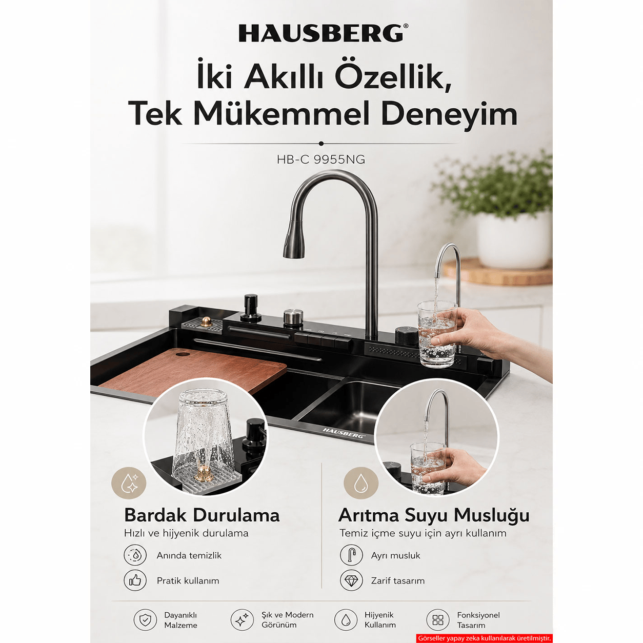 Dijital Akıllı Evye Seti — Şelale Bataryalı, LED Sıcaklık Göstergeli, Bal Peteği Tabanlı Paslanmaz Çelik Teknolojik Mutfak Evyesi,7+1 Fonksiyonlu, Aksesuarları Dahil