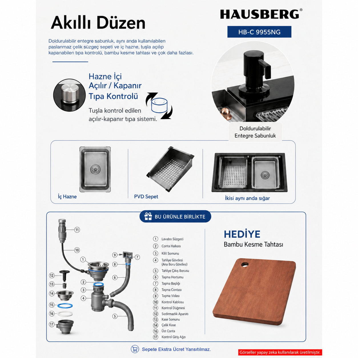 Dijital Akıllı Evye Seti — Şelale Bataryalı, LED Sıcaklık Göstergeli, Bal Peteği Tabanlı Paslanmaz Çelik Teknolojik Mutfak Evyesi,7+1 Fonksiyonlu, Aksesuarları Dahil