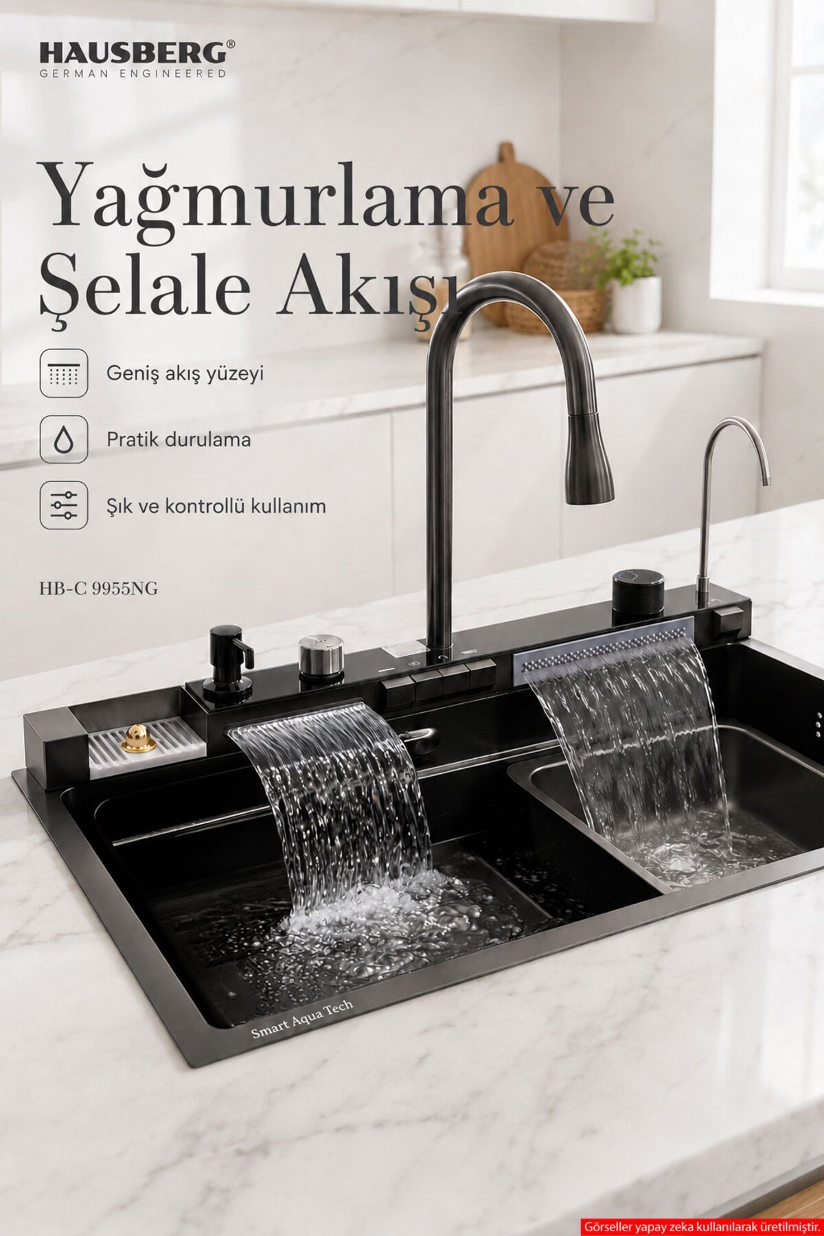 Dijital Akıllı Evye Seti — Şelale Bataryalı, LED Sıcaklık Göstergeli, Bal Peteği Tabanlı Paslanmaz Çelik Teknolojik Mutfak Evyesi,7+1 Fonksiyonlu, Aksesuarları Dahil