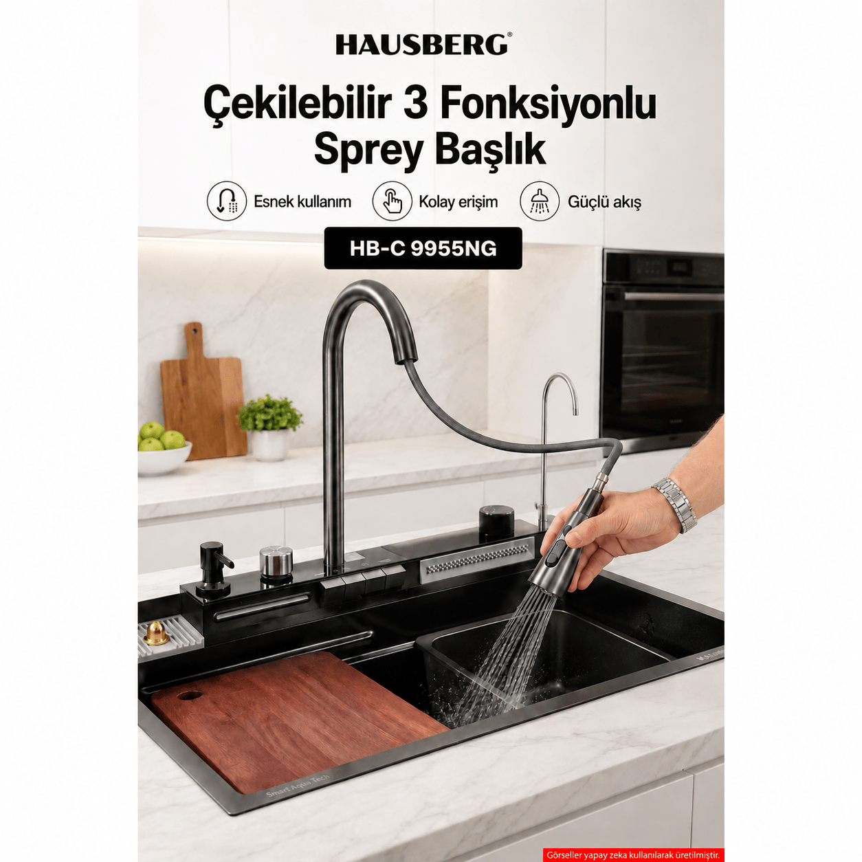 Dijital Akıllı Evye Seti — Şelale Bataryalı, LED Sıcaklık Göstergeli, Bal Peteği Tabanlı Paslanmaz Çelik Teknolojik Mutfak Evyesi,7+1 Fonksiyonlu, Aksesuarları Dahil