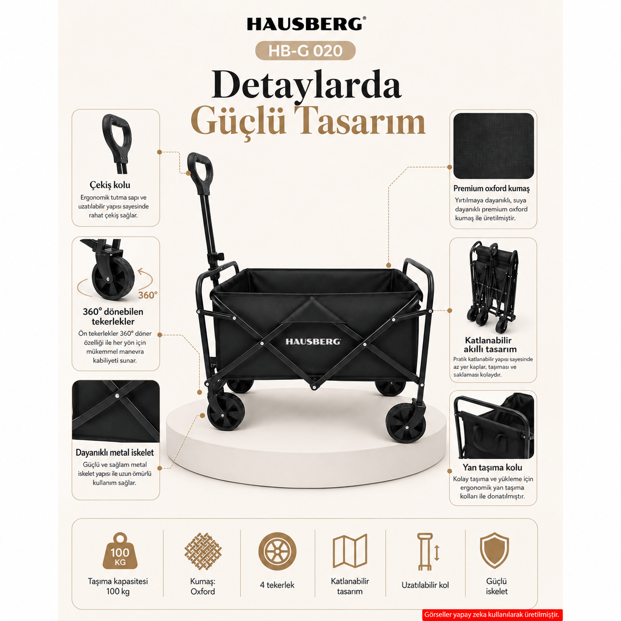 Hausberg Katlanır Kamp Arabası — Frenli, 360° Dönen Kalın Tekerlekli Katlanabilir Vagon, Su Geçirmez Plaj / Pazar / Piknik / Bahçe Taşıma Arabası (Siyah) HB-G 020