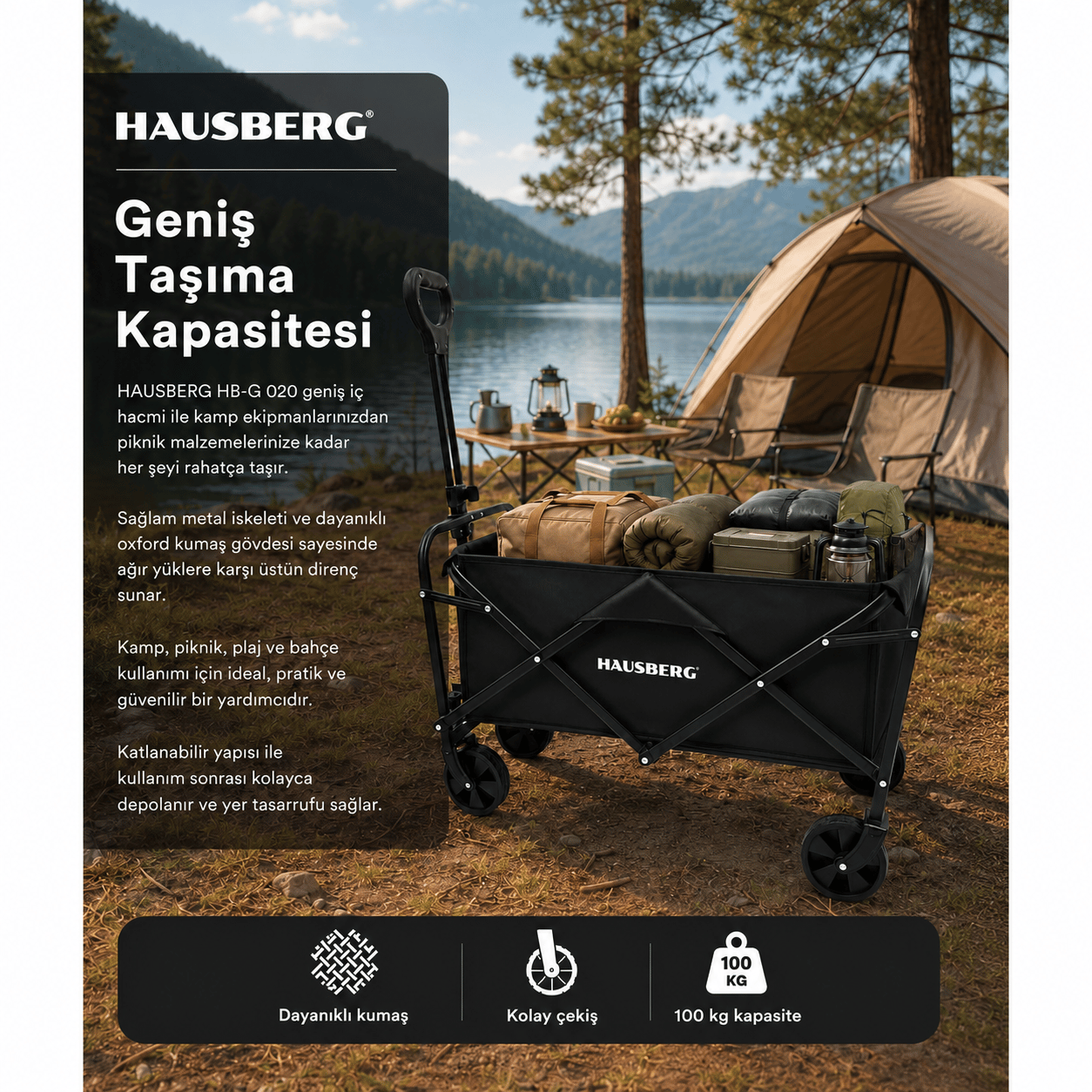 Hausberg Katlanır Kamp Arabası — Frenli, 360° Dönen Kalın Tekerlekli Katlanabilir Vagon, Su Geçirmez Plaj / Pazar / Piknik / Bahçe Taşıma Arabası (Siyah) HB-G 020