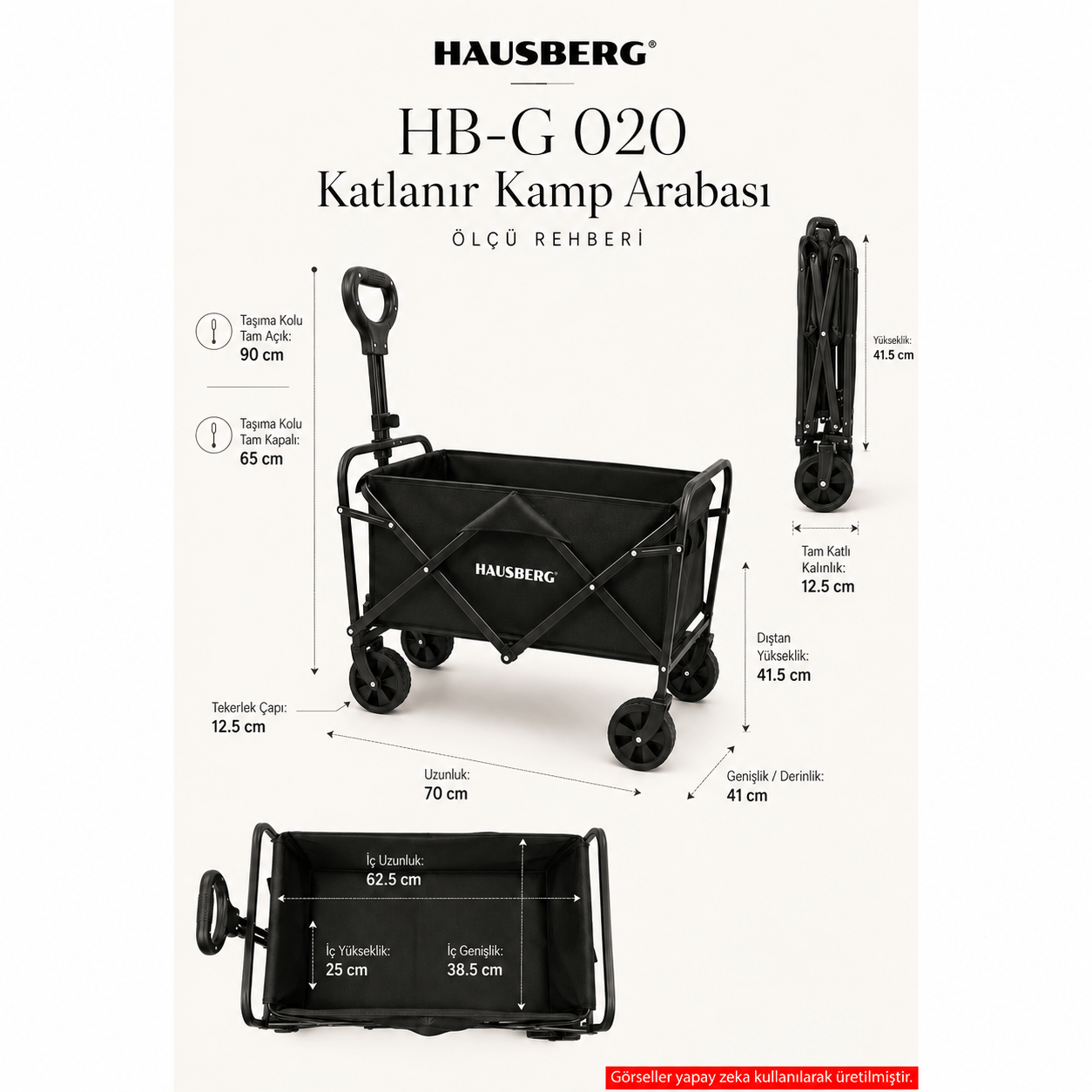 Hausberg Katlanır Kamp Arabası — Frenli, 360° Dönen Kalın Tekerlekli Katlanabilir Vagon, Su Geçirmez Plaj / Pazar / Piknik / Bahçe Taşıma Arabası (Siyah) HB-G 020