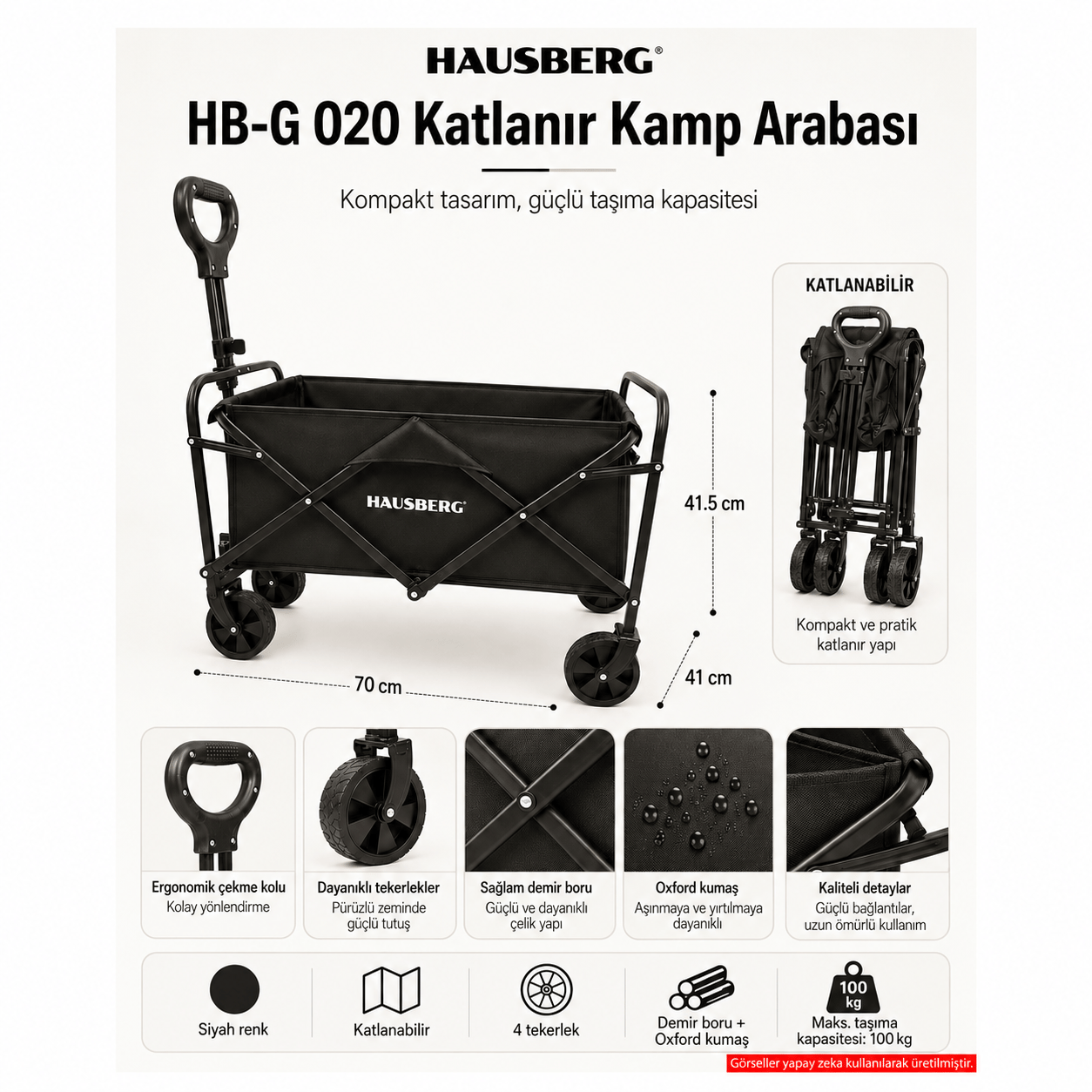 Hausberg Katlanır Kamp Arabası — Frenli, 360° Dönen Kalın Tekerlekli Katlanabilir Vagon, Su Geçirmez Plaj / Pazar / Piknik / Bahçe Taşıma Arabası (Siyah) HB-G 020