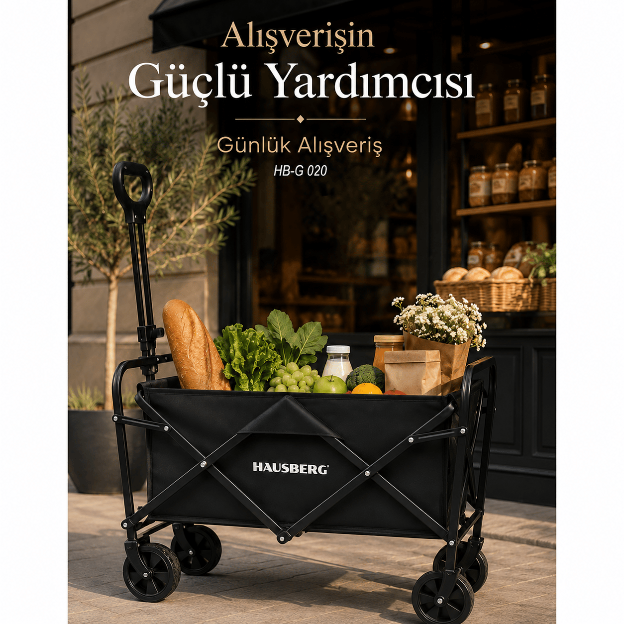 Hausberg Katlanır Kamp Arabası — Frenli, 360° Dönen Kalın Tekerlekli Katlanabilir Vagon, Su Geçirmez Plaj / Pazar / Piknik / Bahçe Taşıma Arabası (Siyah) HB-G 020