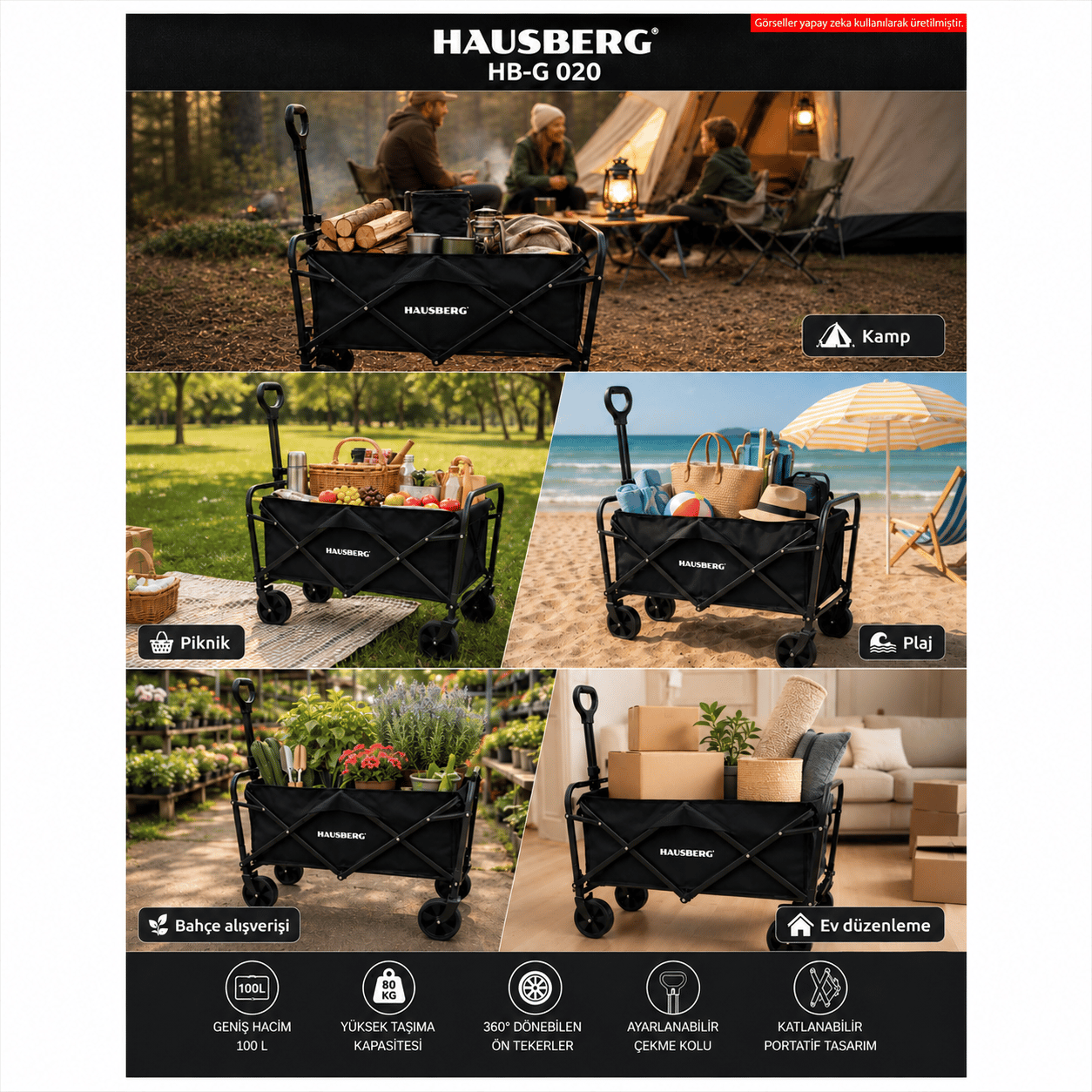 Hausberg Katlanır Kamp Arabası — Frenli, 360° Dönen Kalın Tekerlekli Katlanabilir Vagon, Su Geçirmez Plaj / Pazar / Piknik / Bahçe Taşıma Arabası (Siyah) HB-G 020