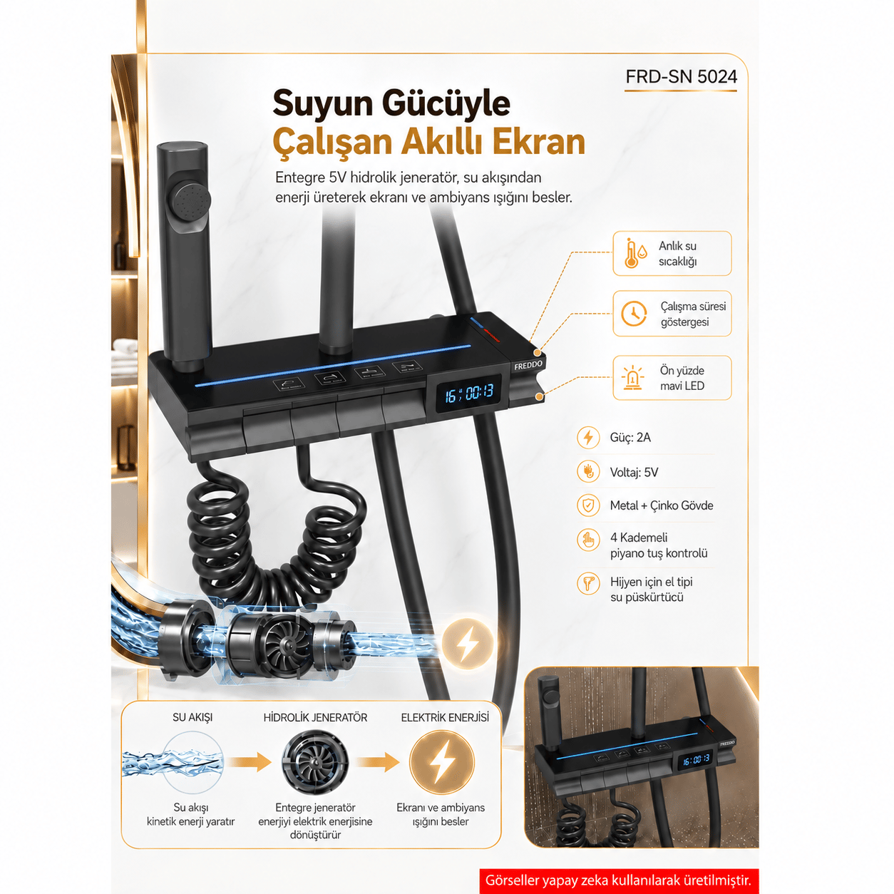 Piyano Tuşlu Dijital Duş Seti — Freddo 4 Fonksiyonlu LED Ambiyans Işıklı Termostatik Akıllı Duş Seti, Yağmurlama Tepe Duş + El Duşu + Banyo Bataryası (Antrasit) FRD-SN 5020NG
