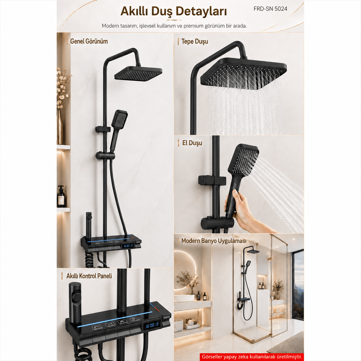 Piyano Tuşlu Dijital Duş Seti — Freddo 4 Fonksiyonlu LED Ambiyans Işıklı Termostatik Akıllı Duş Seti, Yağmurlama Tepe Duş + El Duşu + Banyo Bataryası (Antrasit) FRD-SN 5020NG