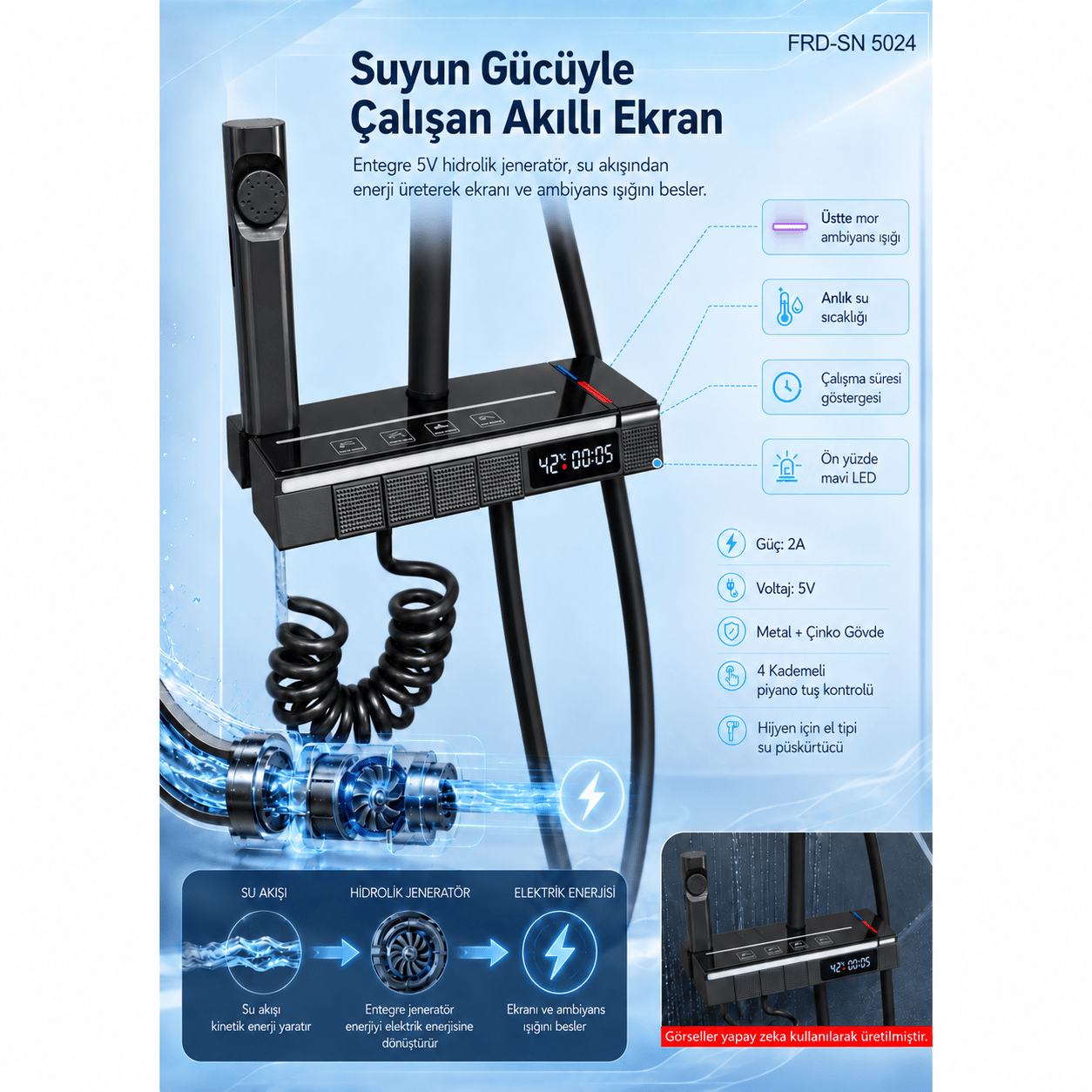 Piyano Tuşlu Dijital Duş Seti — Freddo 4 Fonksiyonlu LED Ambiyans Işıklı Termostatik Akıllı Duş Seti, Yağmurlama Tepe Duş + El Duşu + Banyo Bataryası (Antrasit) FRD-SN 5024NG