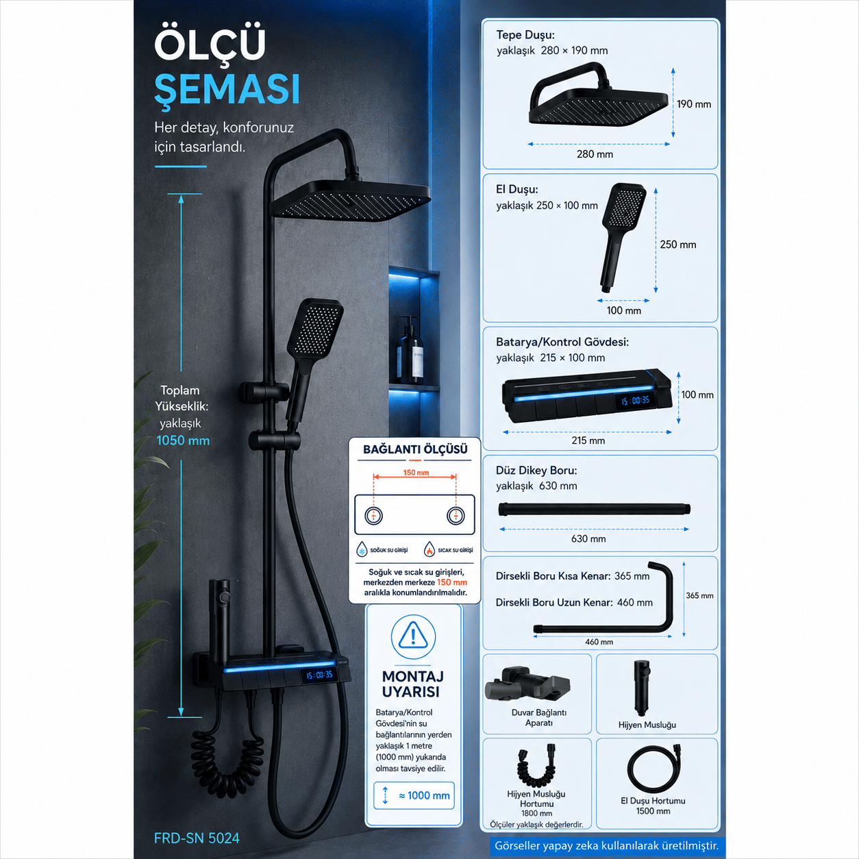Piyano Tuşlu Dijital Duş Seti — Freddo 4 Fonksiyonlu LED Ambiyans Işıklı Termostatik Akıllı Duş Seti, Yağmurlama Tepe Duş + El Duşu + Banyo Bataryası (Antrasit) FRD-SN 5024NG
