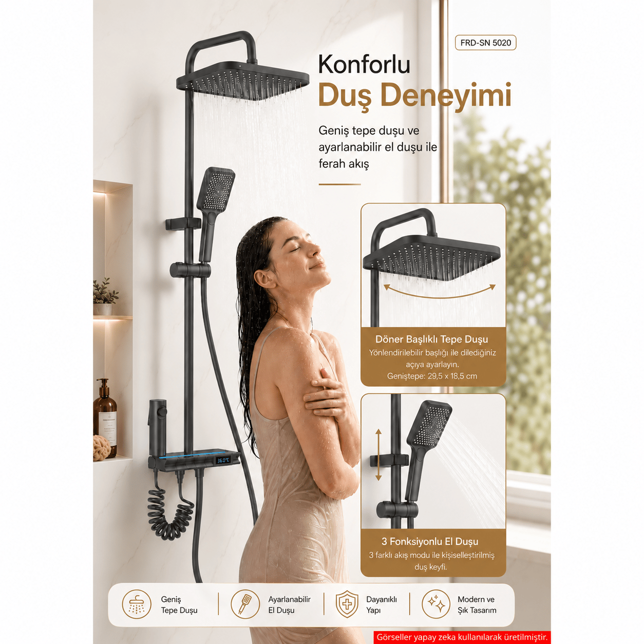 Piyano Tuşlu Dijital Duş Seti — Freddo 4 Fonksiyonlu LED Ambiyans Işıklı Termostatik Akıllı Duş Seti, Yağmurlama Tepe Duş + El Duşu + Banyo Bataryası (Antrasit) FRD-SN 5020NG