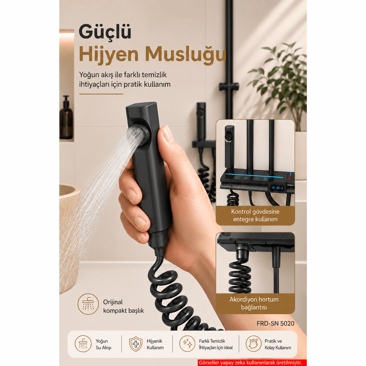 Piyano Tuşlu Dijital Duş Seti — Freddo 4 Fonksiyonlu LED Ambiyans Işıklı Termostatik Akıllı Duş Seti, Yağmurlama Tepe Duş + El Duşu + Banyo Bataryası (Antrasit) FRD-SN 5020NG