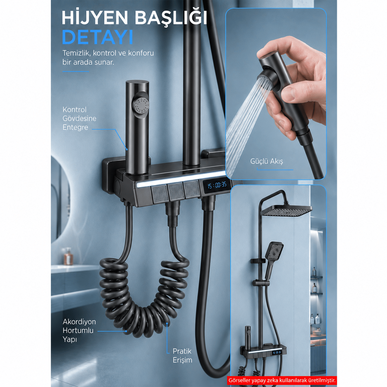 Piyano Tuşlu Dijital Duş Seti — Freddo 4 Fonksiyonlu LED Ambiyans Işıklı Termostatik Akıllı Duş Seti, Yağmurlama Tepe Duş + El Duşu + Banyo Bataryası (Antrasit) FRD-SN 5024NG