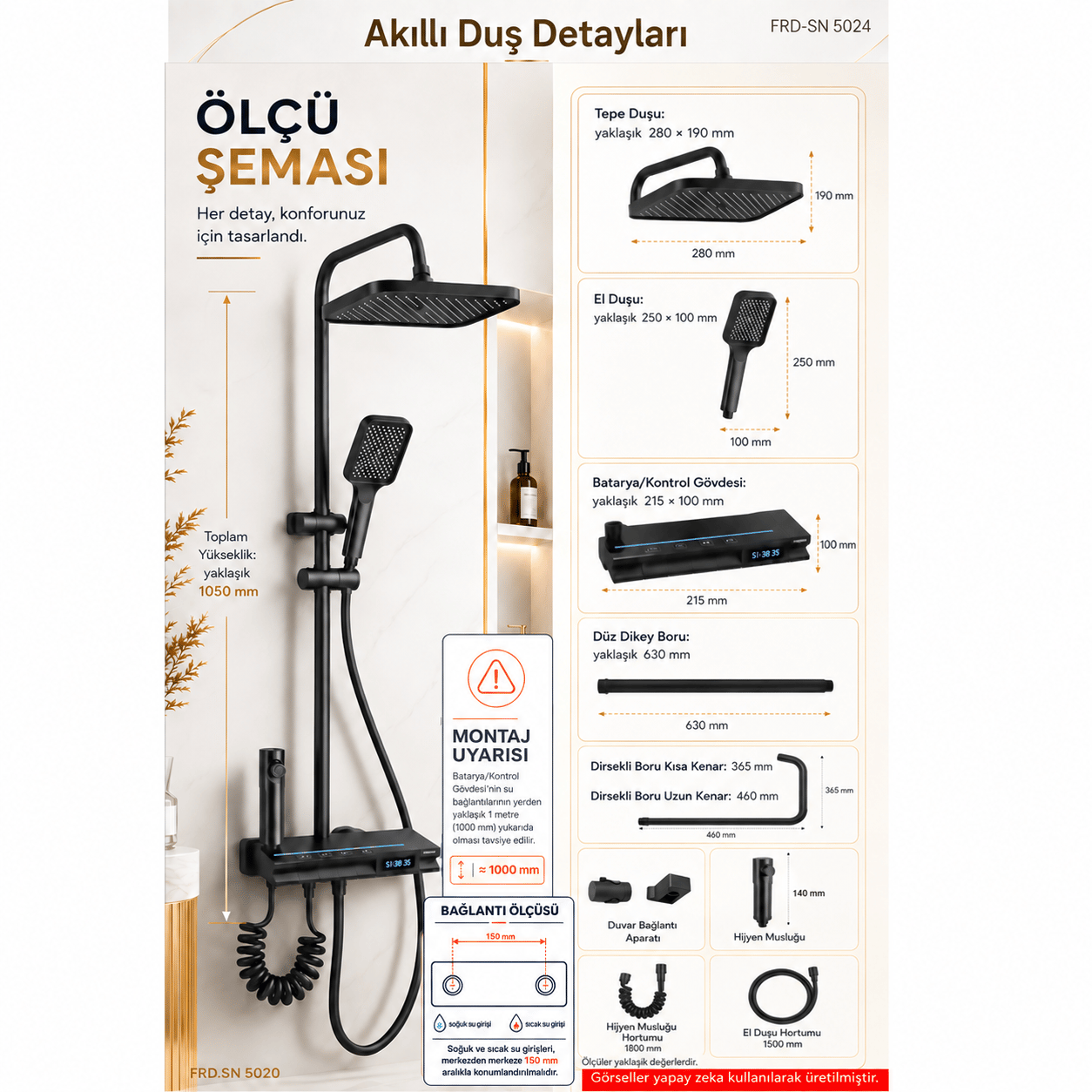 Piyano Tuşlu Dijital Duş Seti — Freddo 4 Fonksiyonlu LED Ambiyans Işıklı Termostatik Akıllı Duş Seti, Yağmurlama Tepe Duş + El Duşu + Banyo Bataryası (Antrasit) FRD-SN 5020NG
