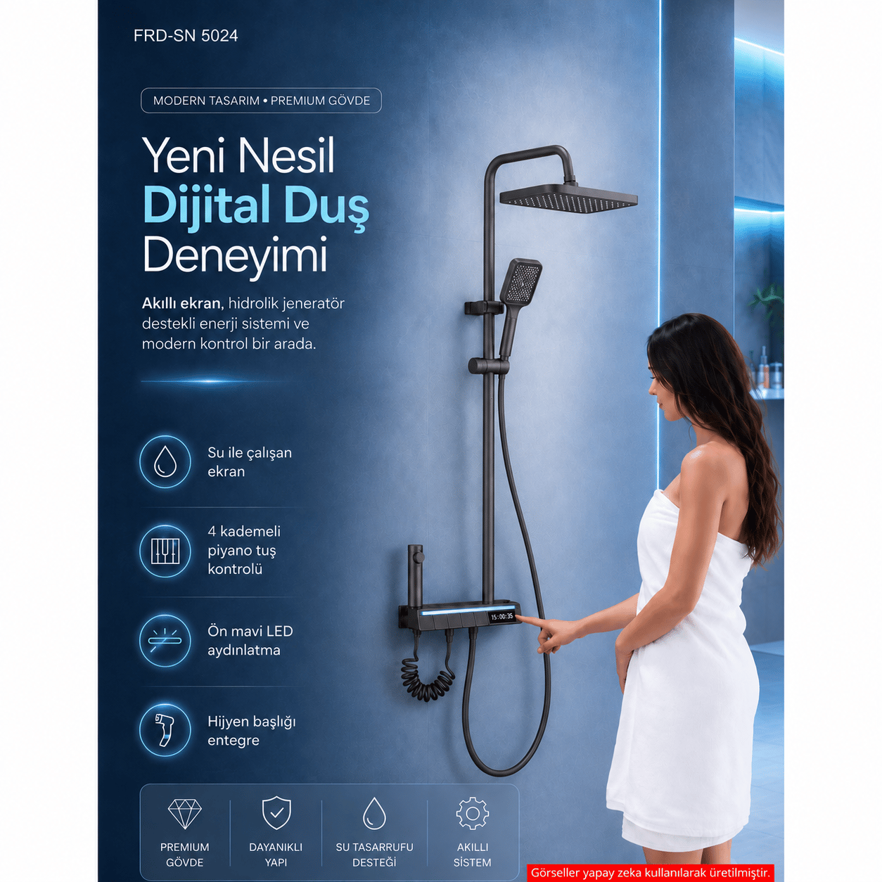 Piyano Tuşlu Dijital Duş Seti — Freddo 4 Fonksiyonlu LED Ambiyans Işıklı Termostatik Akıllı Duş Seti, Yağmurlama Tepe Duş + El Duşu + Banyo Bataryası (Antrasit) FRD-SN 5024NG
