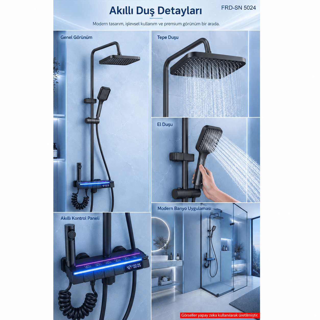 Piyano Tuşlu Dijital Duş Seti — Freddo 4 Fonksiyonlu LED Ambiyans Işıklı Termostatik Akıllı Duş Seti, Yağmurlama Tepe Duş + El Duşu + Banyo Bataryası (Antrasit) FRD-SN 5024NG