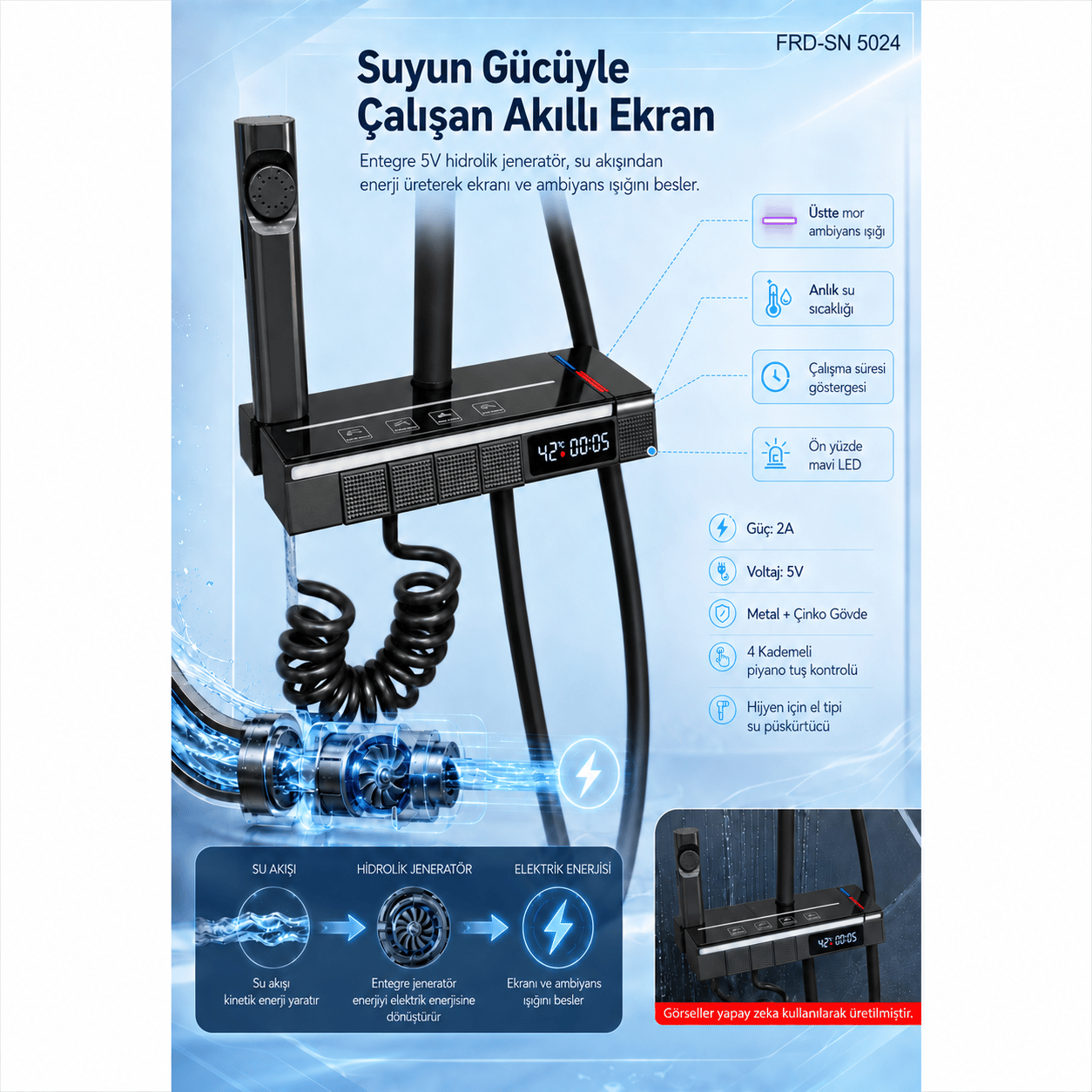 Piyano Tuşlu Dijital Duş Seti — Freddo 4 Fonksiyonlu LED Ambiyans Işıklı Termostatik Akıllı Duş Seti, Yağmurlama Tepe Duş + El Duşu + Banyo Bataryası (Antrasit) FRD-SN 5024NG