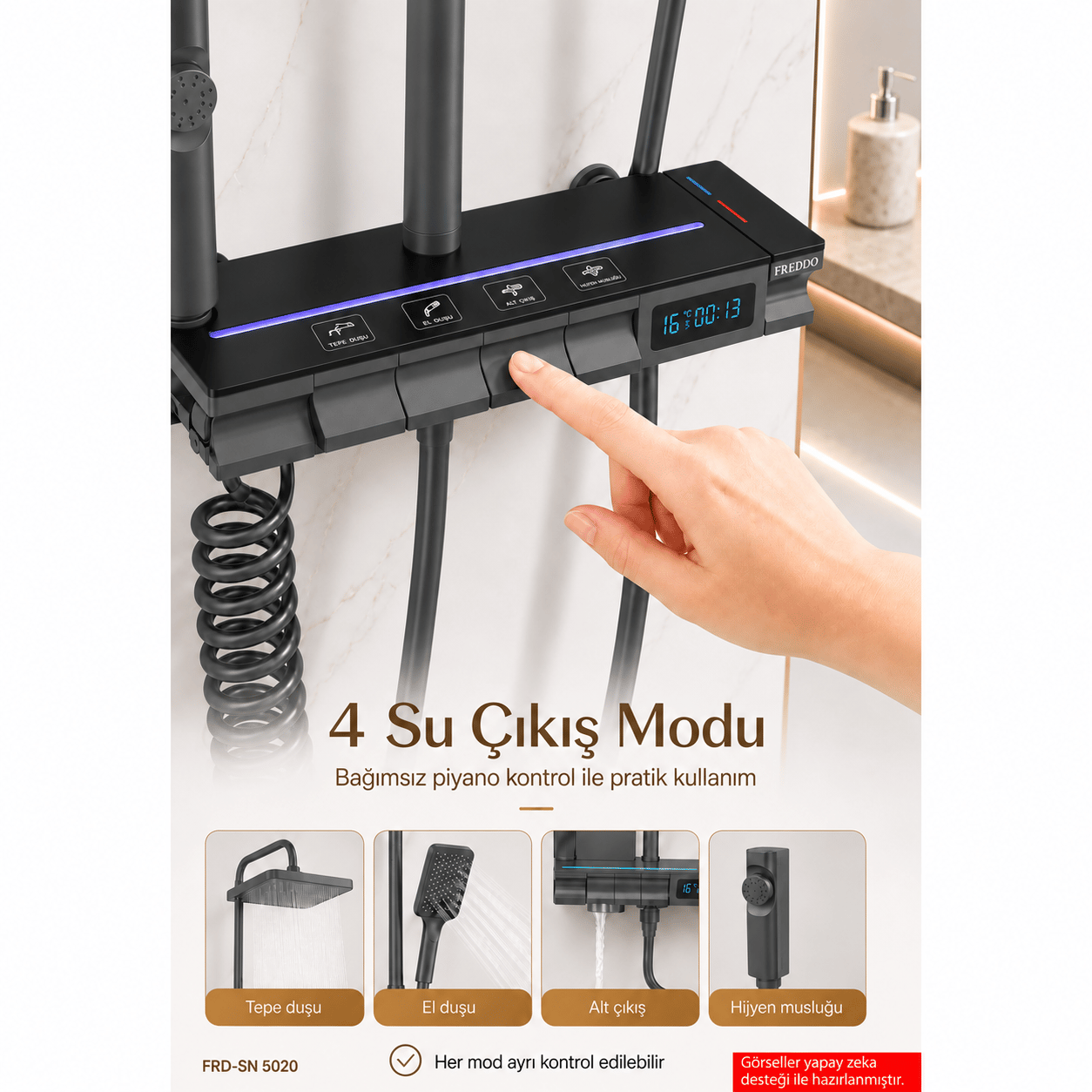 Piyano Tuşlu Dijital Duş Seti — Freddo 4 Fonksiyonlu LED Ambiyans Işıklı Termostatik Akıllı Duş Seti, Yağmurlama Tepe Duş + El Duşu + Banyo Bataryası (Antrasit) FRD-SN 5020NG