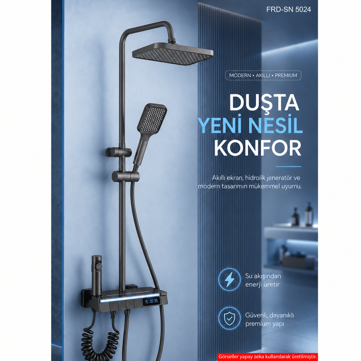 Piyano Tuşlu Dijital Duş Seti — Freddo 4 Fonksiyonlu LED Ambiyans Işıklı Termostatik Akıllı Duş Seti, Yağmurlama Tepe Duş + El Duşu + Banyo Bataryası (Antrasit) FRD-SN 5024NG