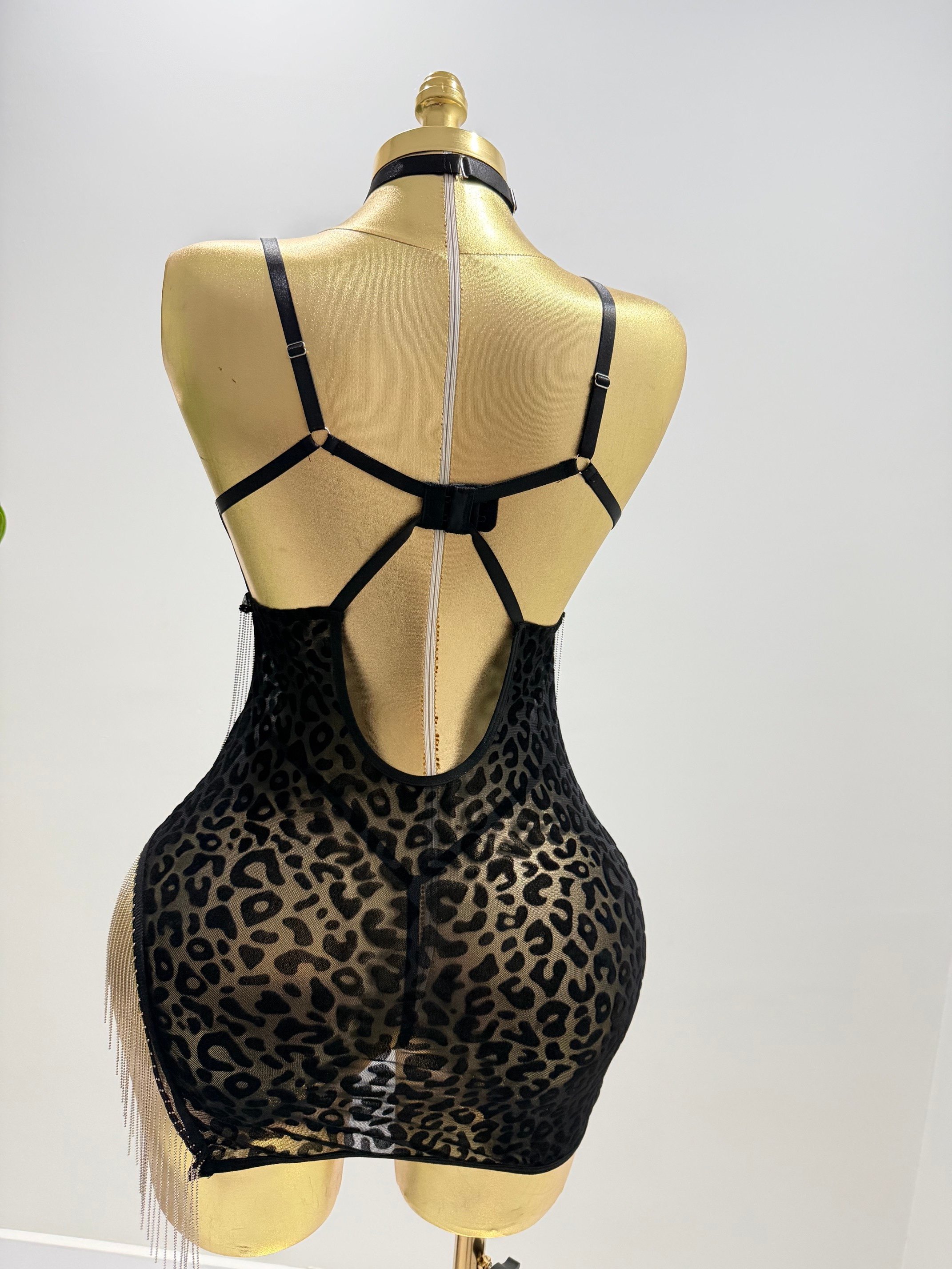 İthal Premium Siyah Leopar Desenli Taş Zincir Püsküllü Fantazi Takım