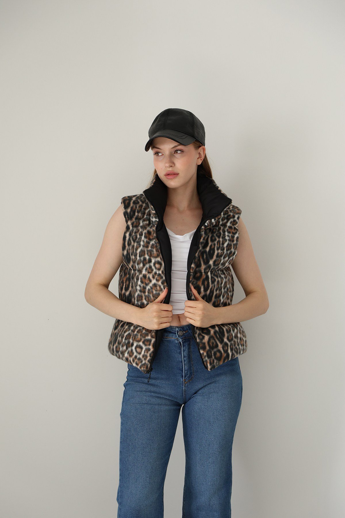 Kadın Çift Taraflı Leopar Peluş Şişme Yelek