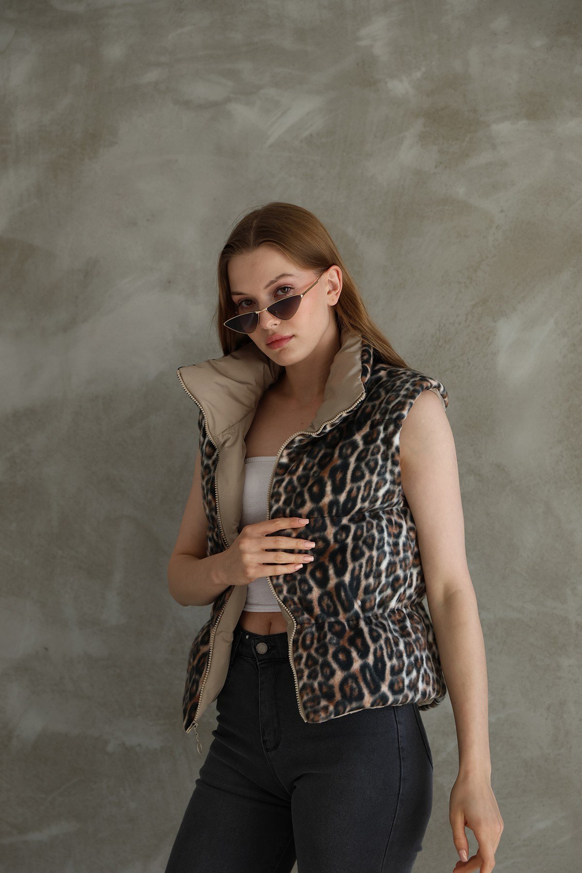 Kadın Çift Taraflı Leopar Peluş Şişme Yelek
