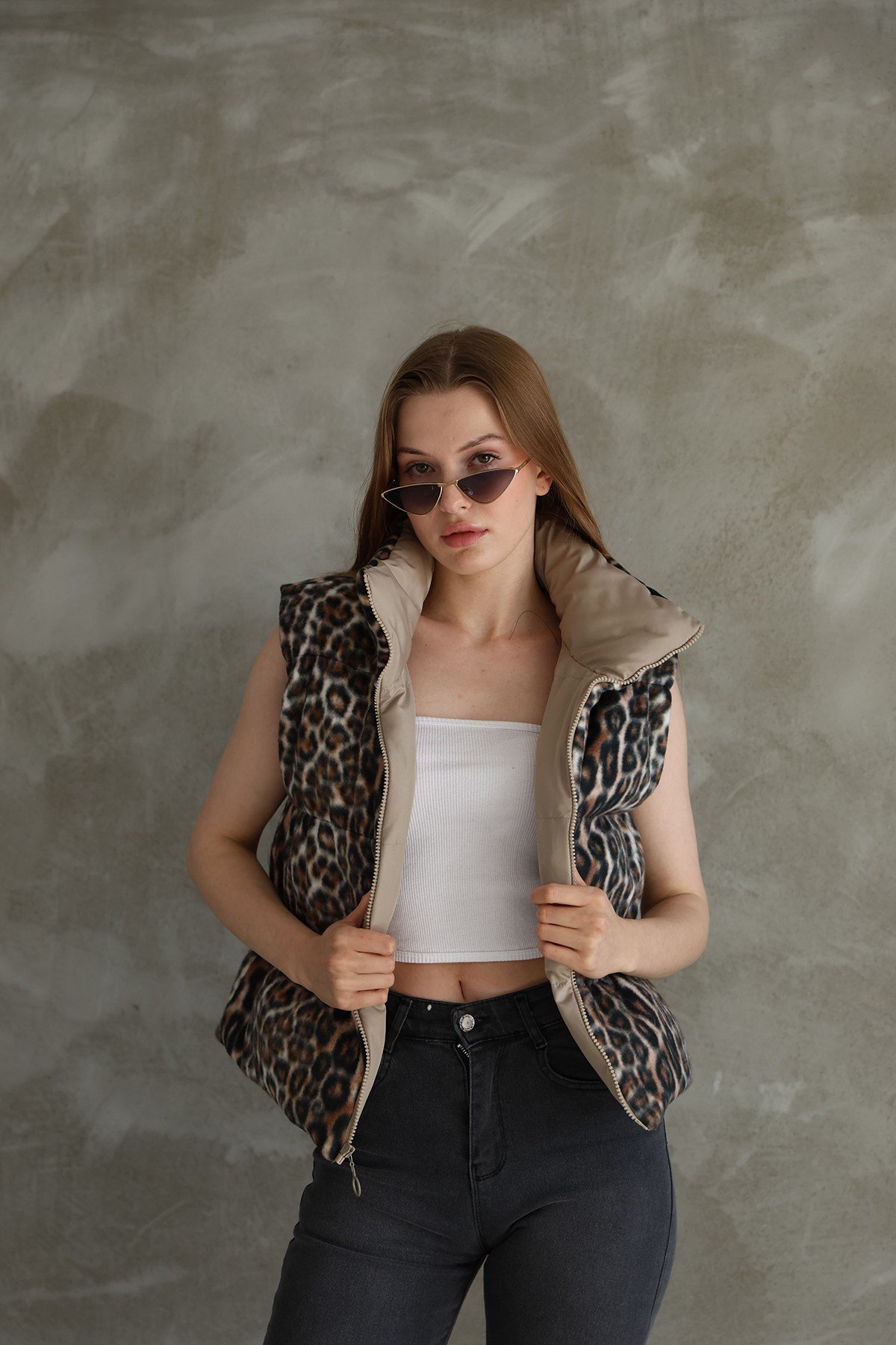 Kadın Çift Taraflı Leopar Peluş Şişme Yelek