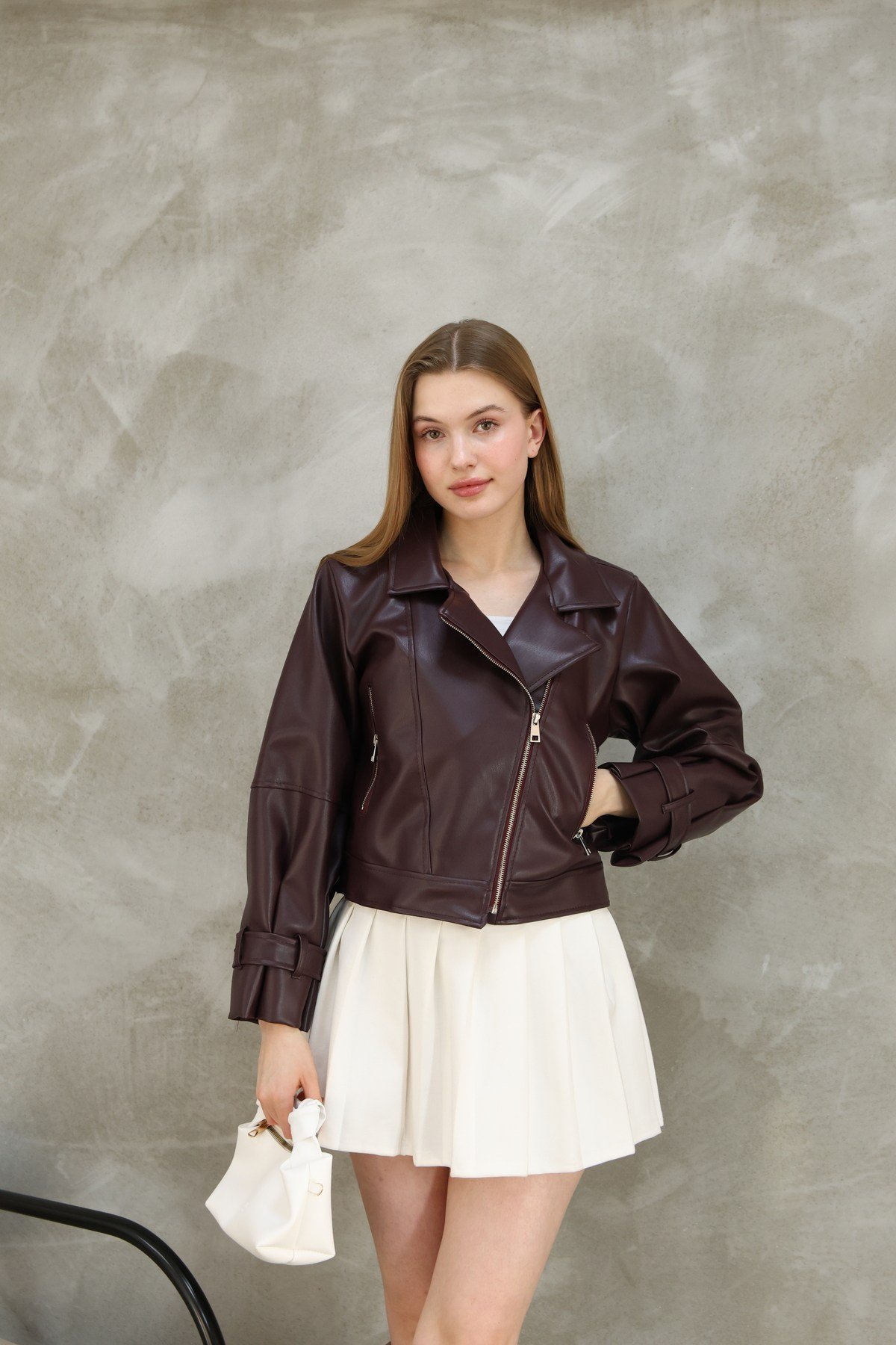 Kadın Oversize Biker Balon Kol Deri Ceket