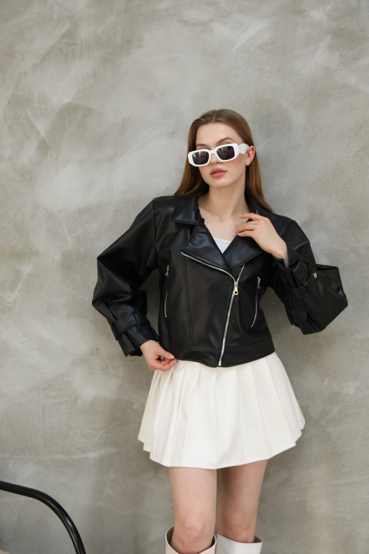 Kadın Oversize Biker Balon Kol Deri Ceket