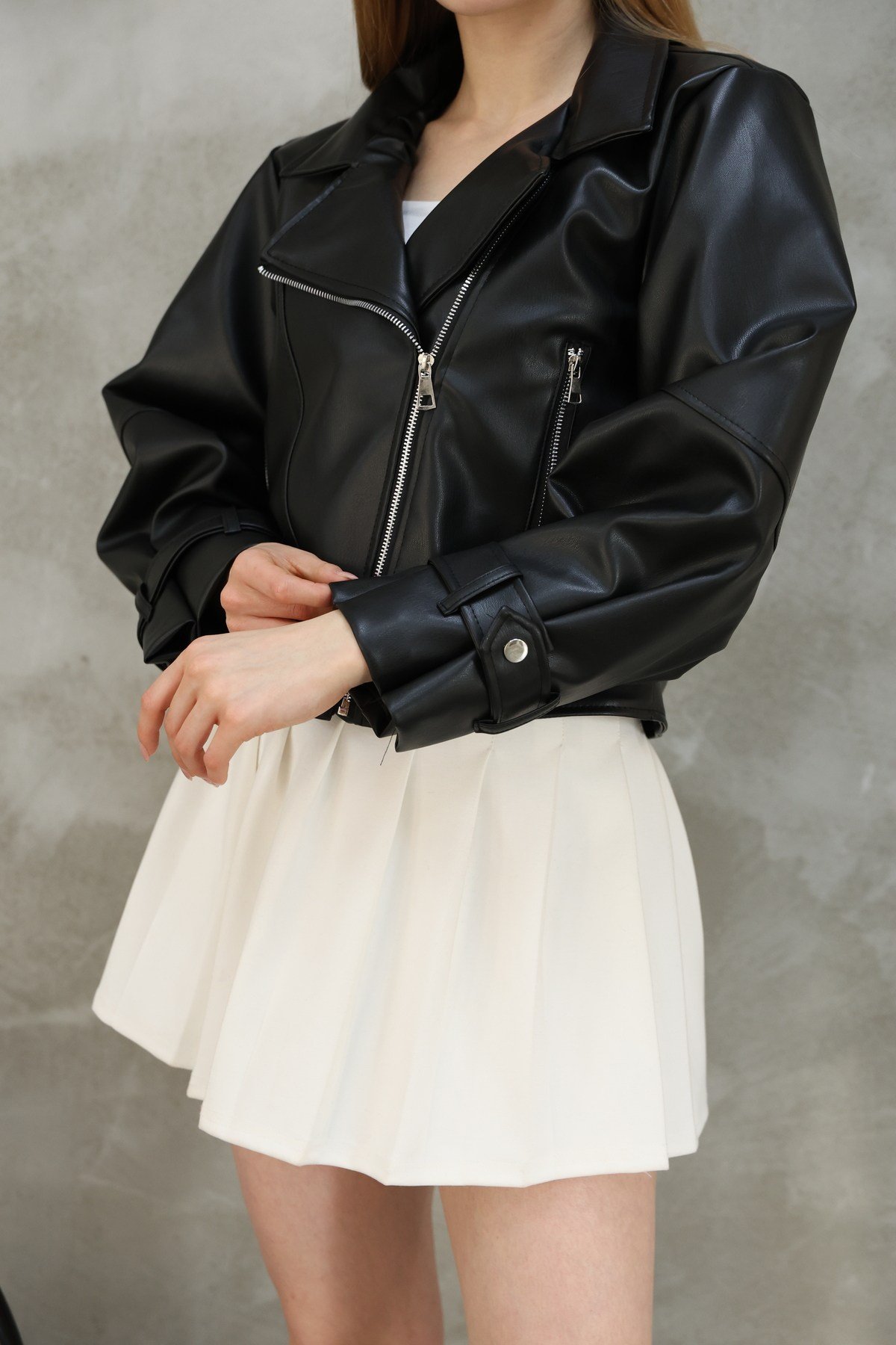 Kadın Oversize Biker Balon Kol Deri Ceket