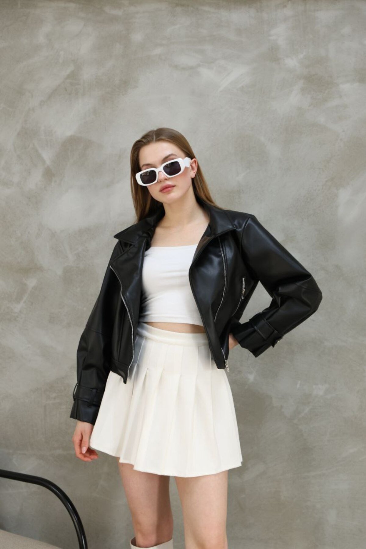 Kadın Oversize Biker Balon Kol Deri Ceket