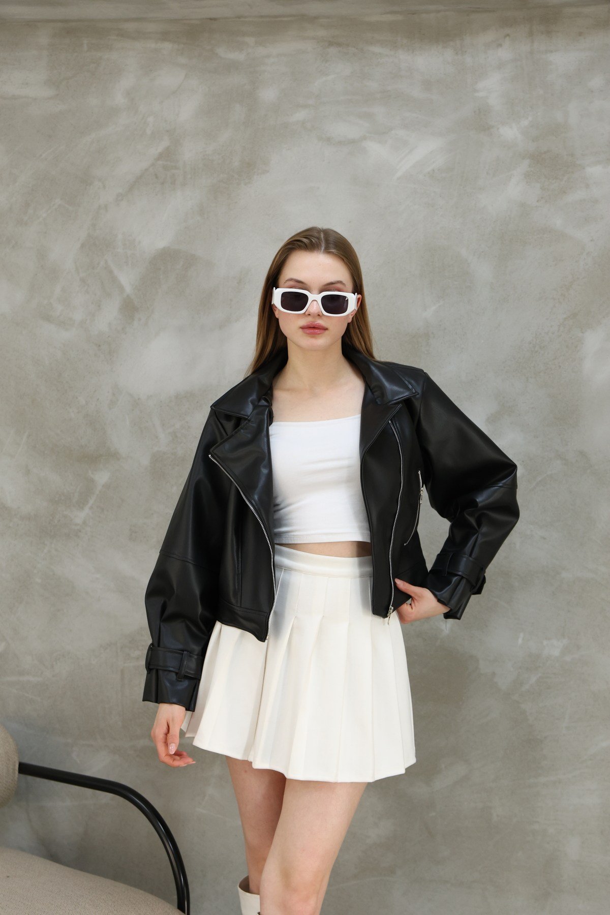 Kadın Oversize Biker Balon Kol Deri Ceket