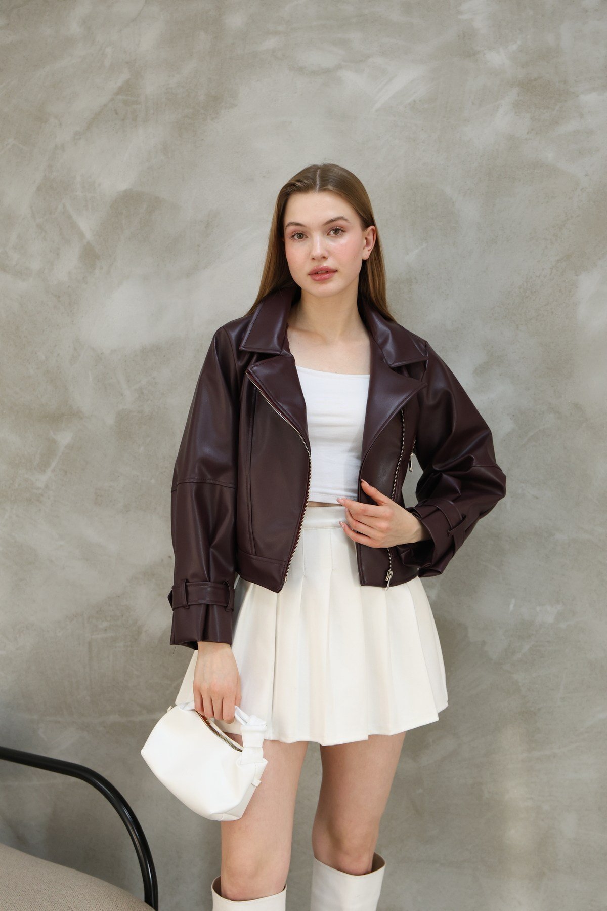 Kadın Oversize Biker Balon Kol Deri Ceket
