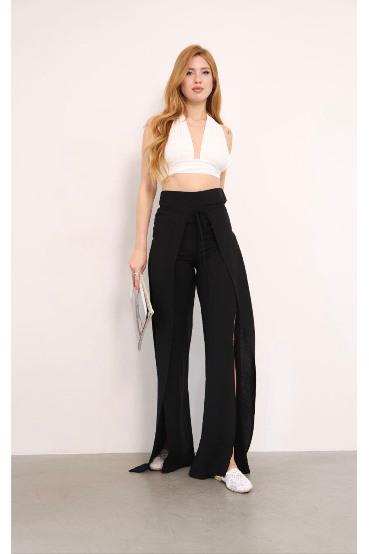 Kadın Yırtmaç Detaylı Bağlamalı Pantolon