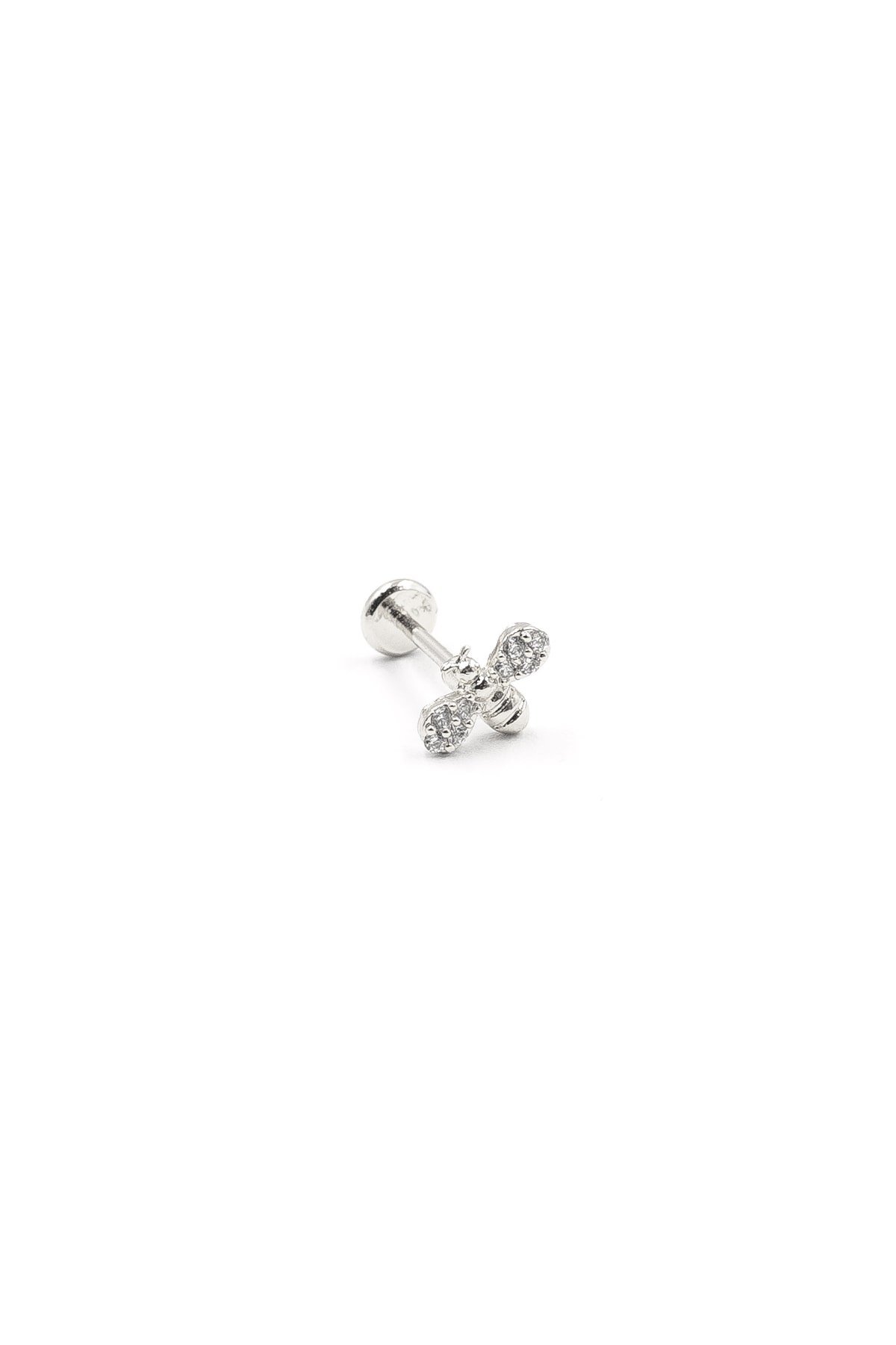 Arı Figürlü Zirkon Taşlı Tragus Piercing – Gümüş | Hipoalerjenik, Uzun Ömürlü