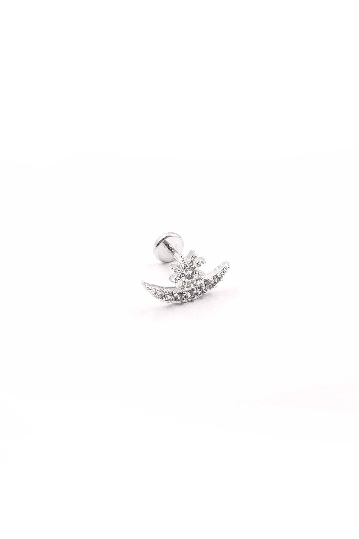 Ay Yıldız Figürlü Zirkon Taşlı Gümüş Tragus Helix Piercing | Anti Alerjik, Kararma Yapmaz