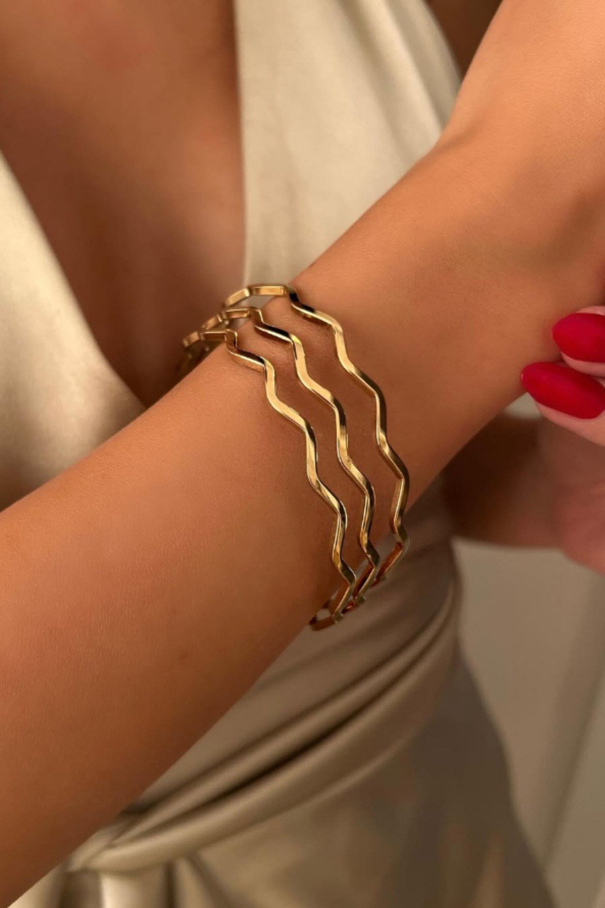 Çelik Zigzag Ajda Bilezik Üçlü - Gold