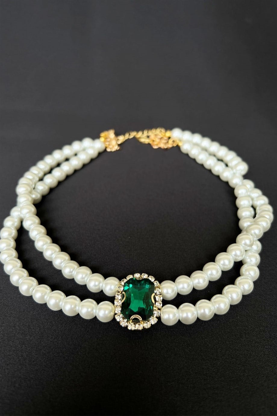 Haki Kristal Uçlu İnci Choker Kolye